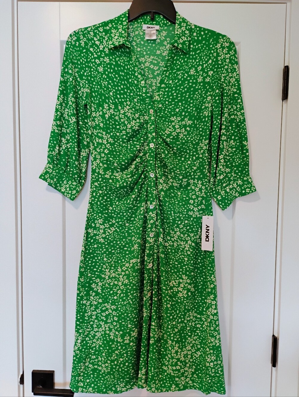 NWT 8 DKNY Green And White Floral 3/4 Sleeve Button Front Midi Shirt Dress NEW - Picture 11 of 13